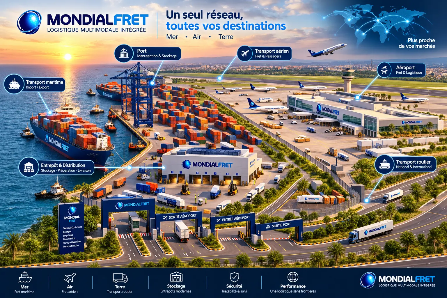 Réseau logistique mondial de Mondial Fret reliant l'Europe, la Tunisie, la Chine et Dubaï